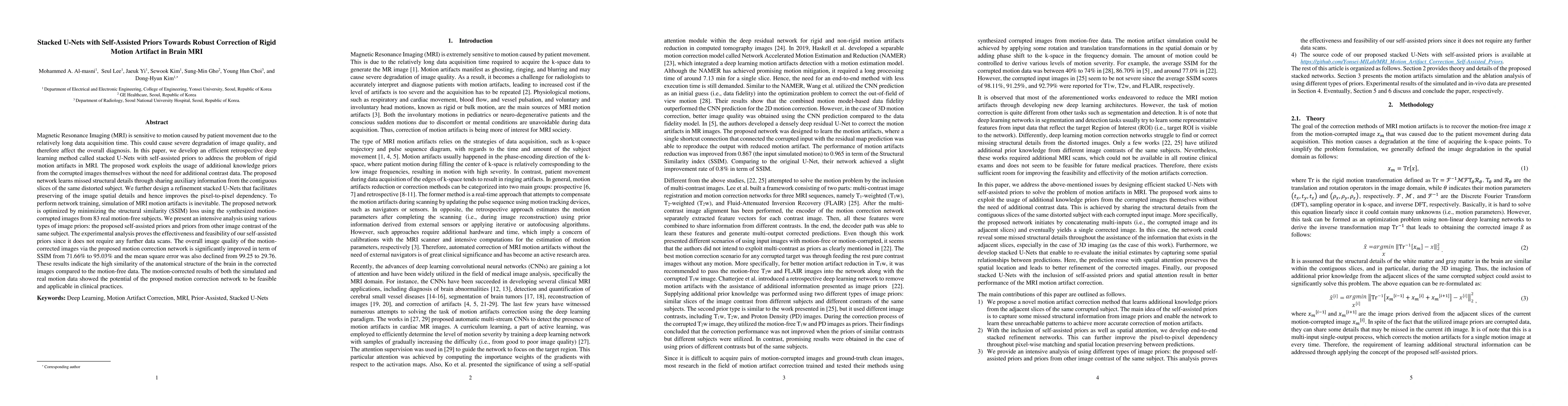 Thumbnail for Stacked U-Nets with Self-Assisted Priors Towards Robust Correction of
  Rigid Motion Artifact in Brain MRI