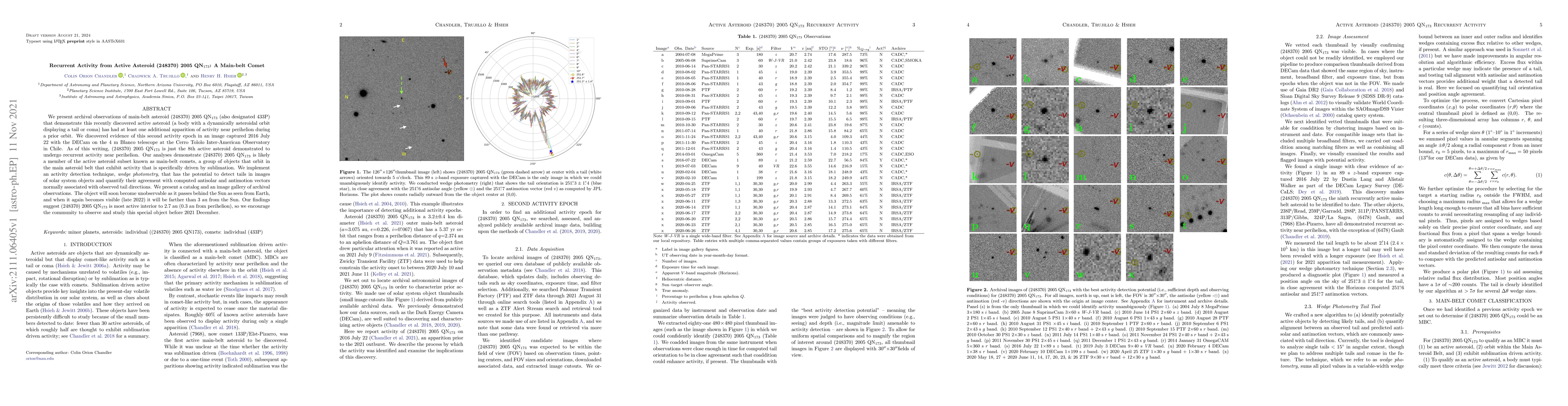 Thumbnail for Recurrent Activity from Active Asteroid (248370) 2005 QN173: A Main-Belt
  Comet