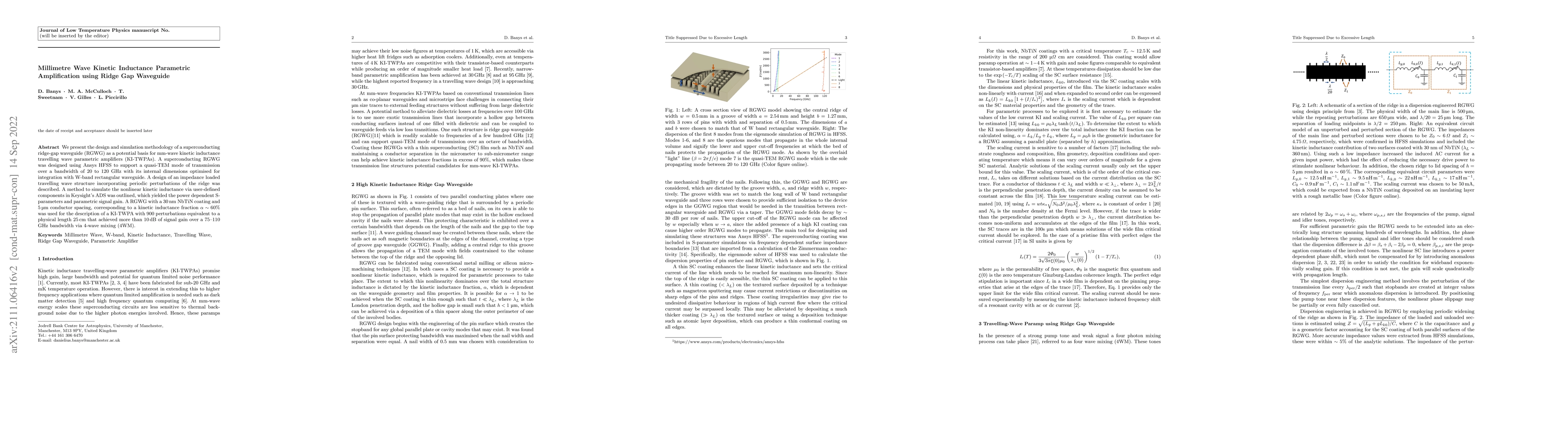 Thumbnail for Millimetre Wave Kinetic Inductance Parametric Amplification using Ridge
  Gap Waveguide