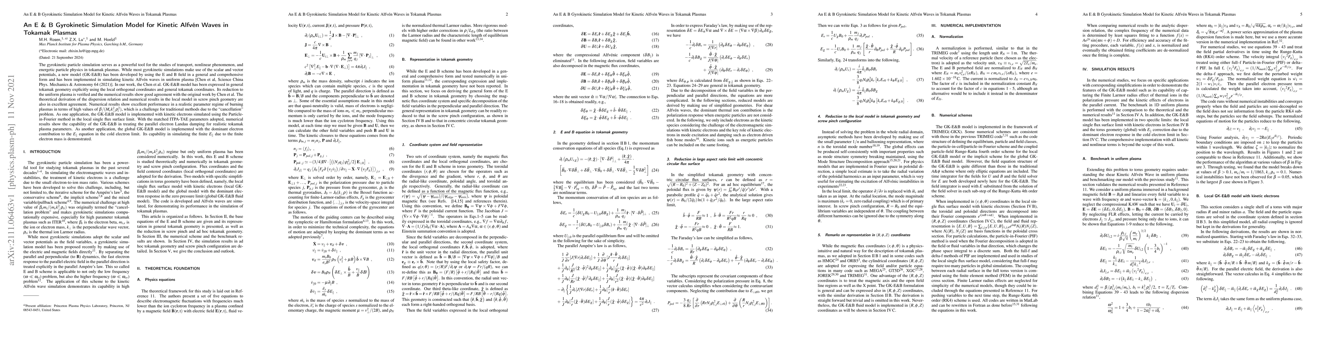 Thumbnail for An E & B Gyrokinetic Simulation Model for Kinetic Alfv\'en Waves
  inTokamak Plasmas