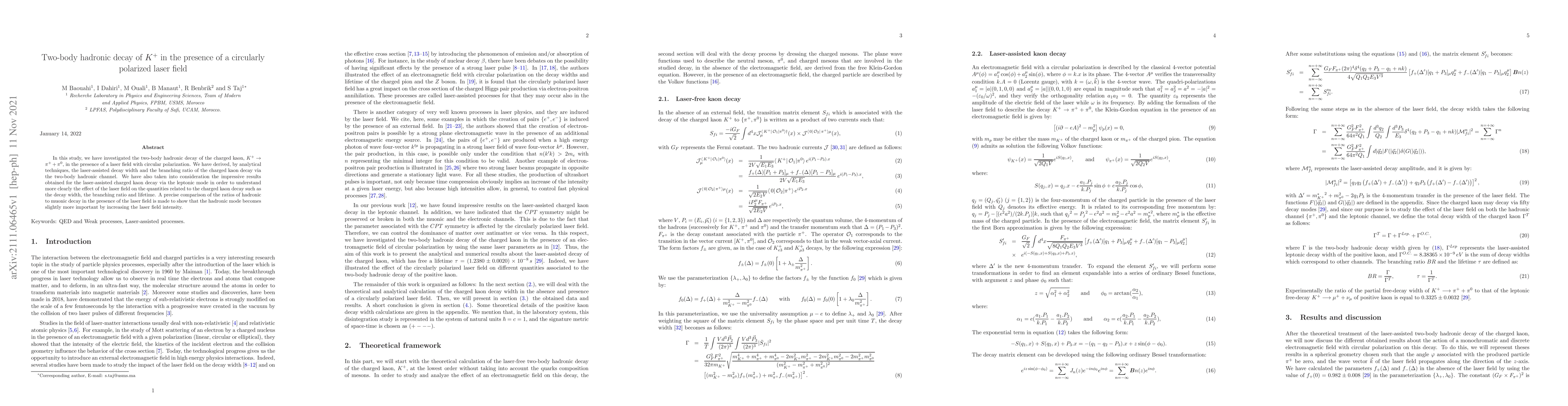 Thumbnail for Two-body hadronic decay of $K^{+}$ in the presence of a circularly
  polarized laser field
