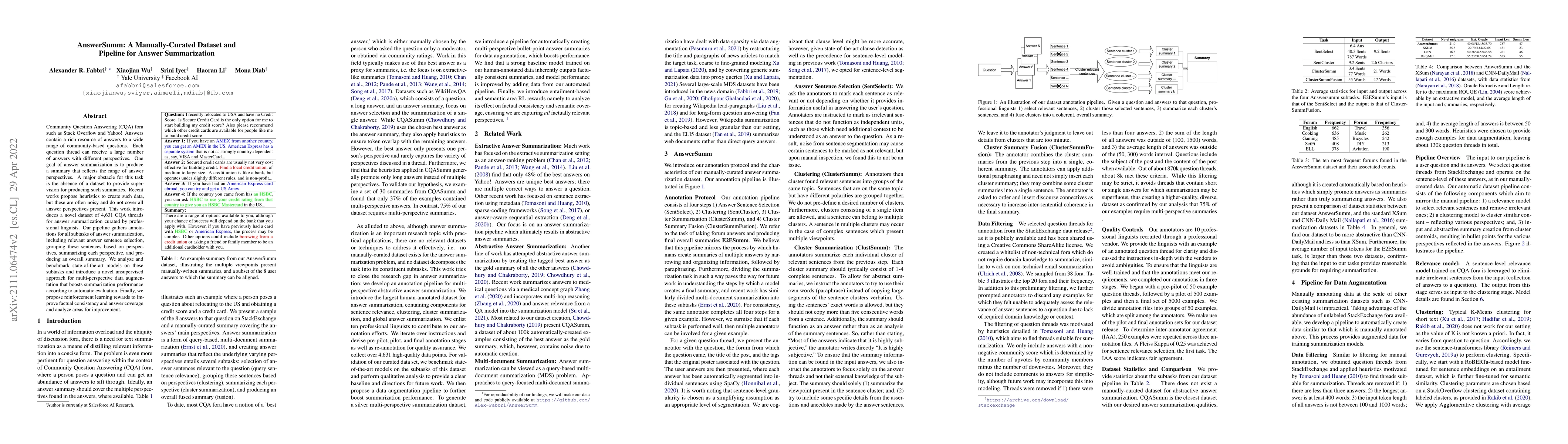 Thumbnail for AnswerSumm: A Manually-Curated Dataset and Pipeline for Answer
  Summarization