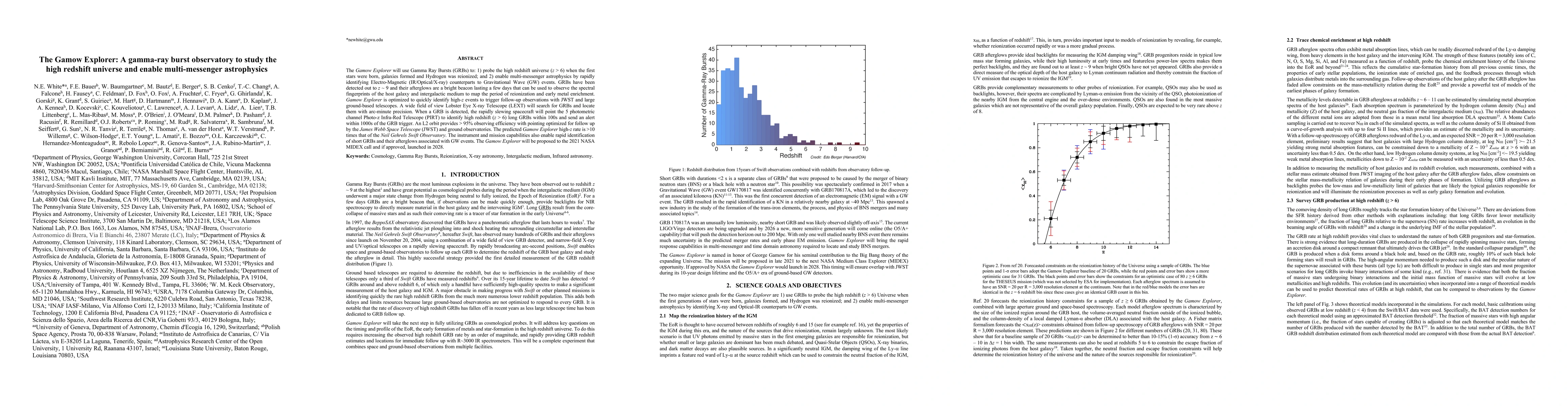 Thumbnail for The Gamow Explorer: A gamma-ray burst observatory to study the high
  redshift universe and enable multi-messenger astrophysics