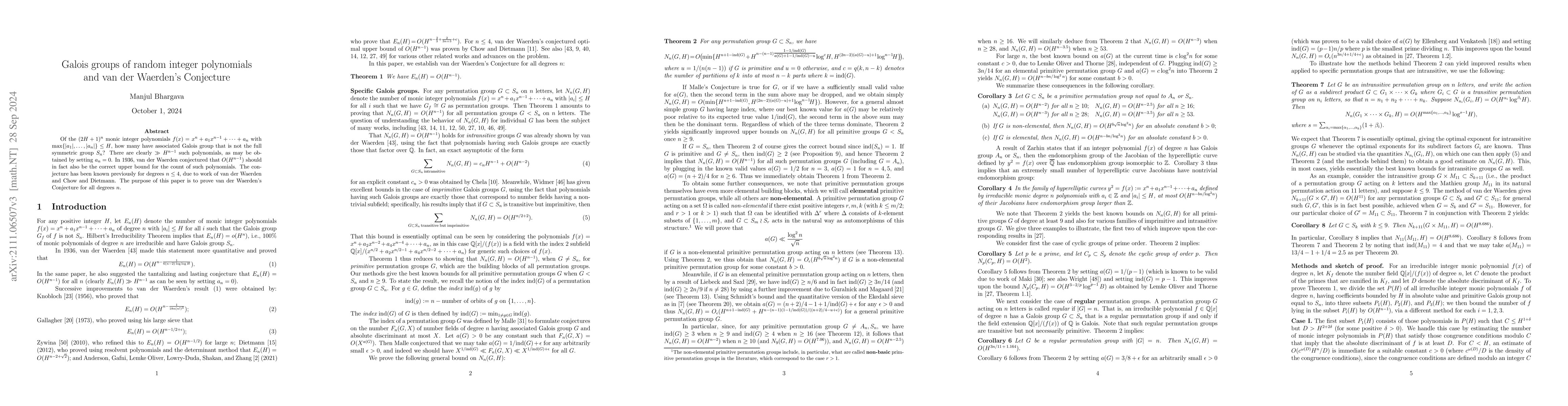 Thumbnail for Galois groups of random integer polynomials and van der Waerden's
  Conjecture