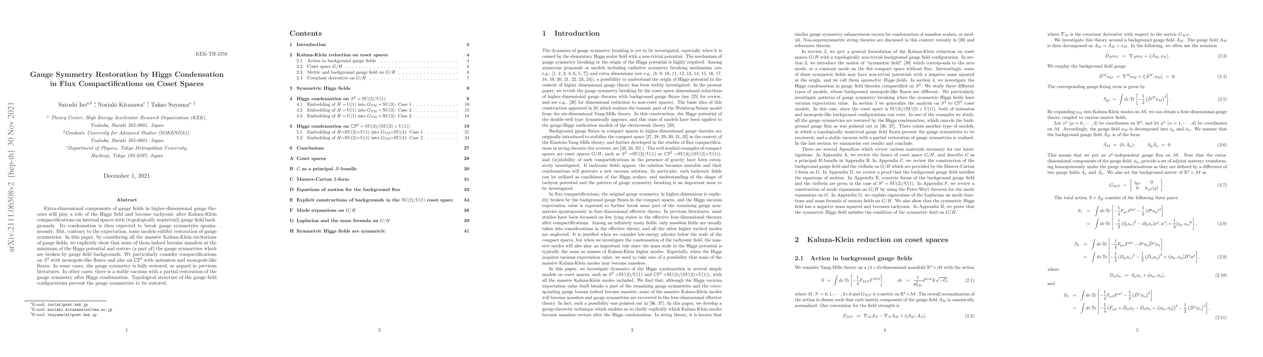 Thumbnail for Gauge Symmetry Restoration by Higgs Condensation in Flux
  Compactifications on Coset Spaces