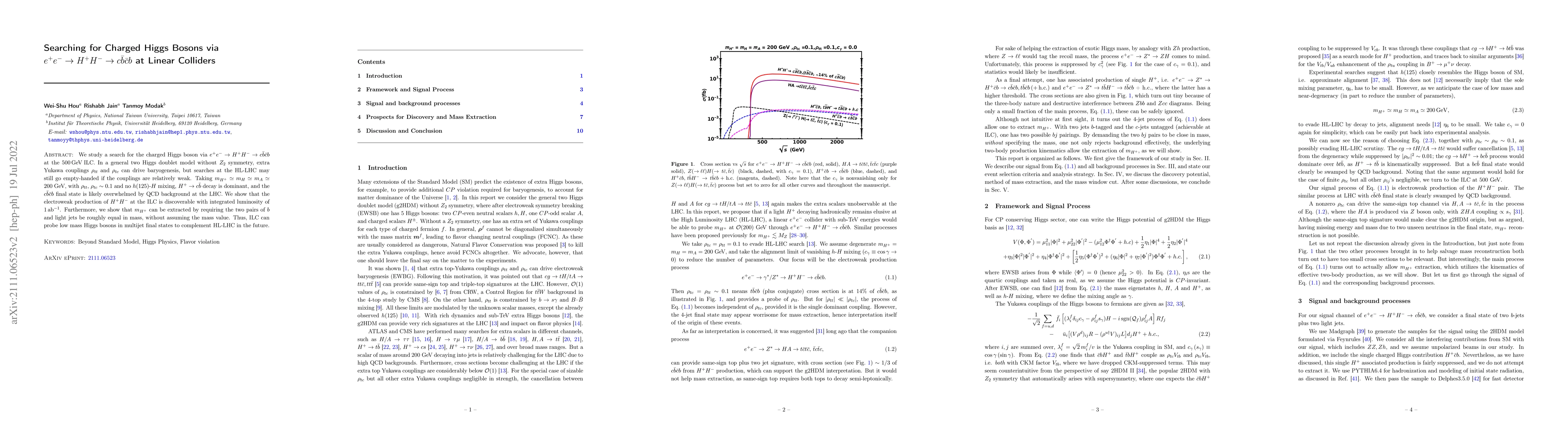 Thumbnail for Searching for Charged Higgs Bosons via $e^+ e^- \to H^+ H^- \to c\bar{b}
  \bar{c}b $ at Linear Colliders