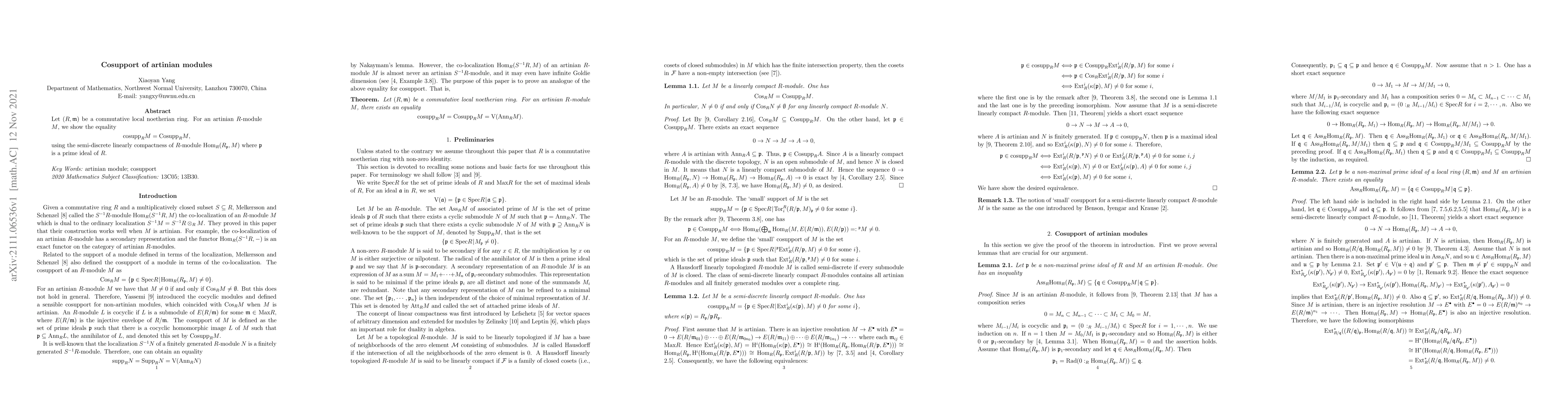 Thumbnail for Cosupport of artinian modules