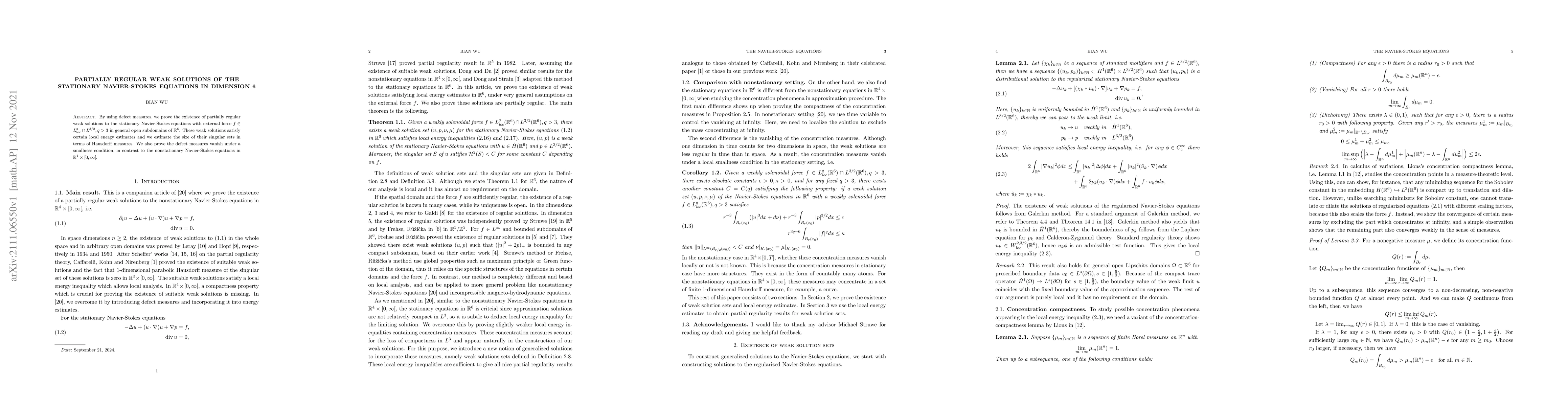 Thumbnail for Partially regular weak solutions of the stationary Navier-Stokes
  equations in dimension 6
