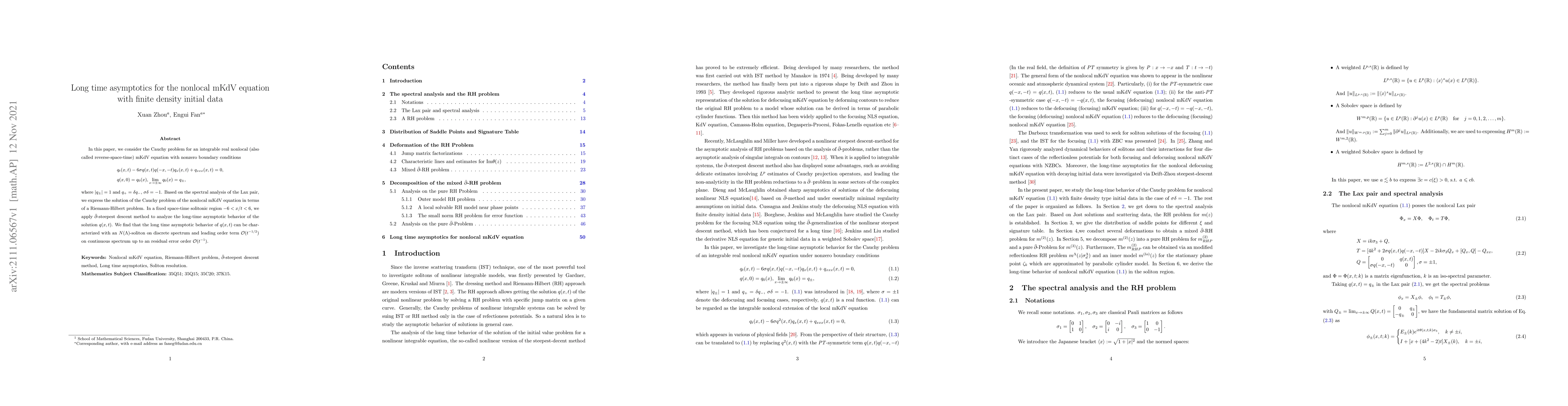 Thumbnail for Long time asymptotics for the nonlocal mKdV equation with finite density
  initial data
