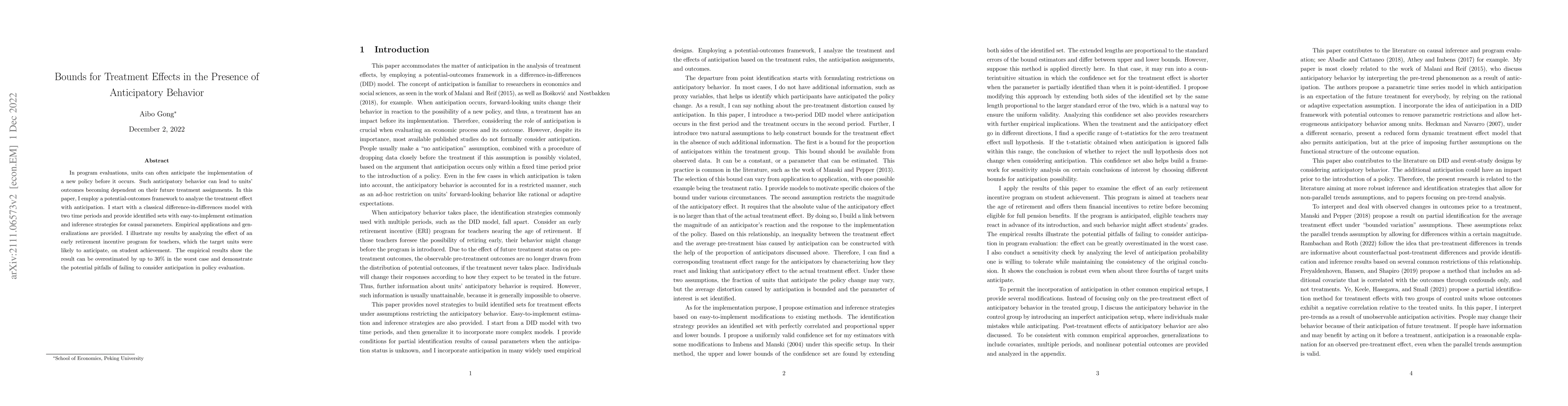 Thumbnail for Bounds for Treatment Effects in the Presence of Anticipatory Behavior