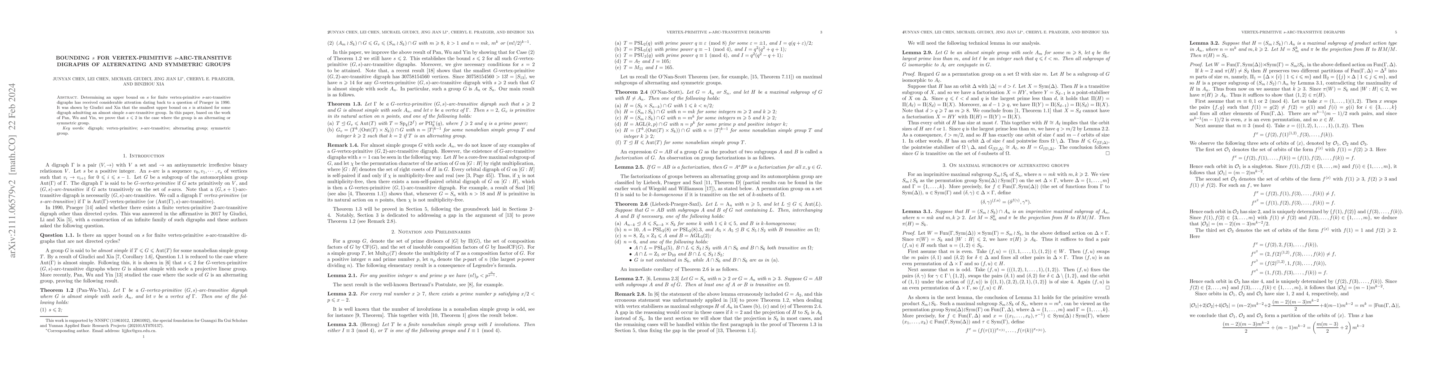 Thumbnail for Bounding $s$ for vertex-primitive $s$-arc-transitive digraphs of
  alternating and symmetric groups