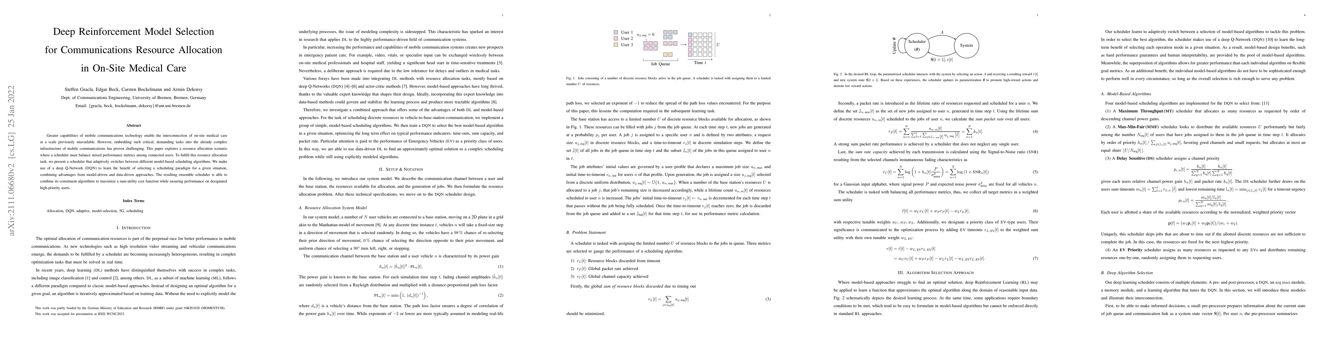Thumbnail for Deep Reinforcement Model Selection for Communications Resource
  Allocation in On-Site Medical Care