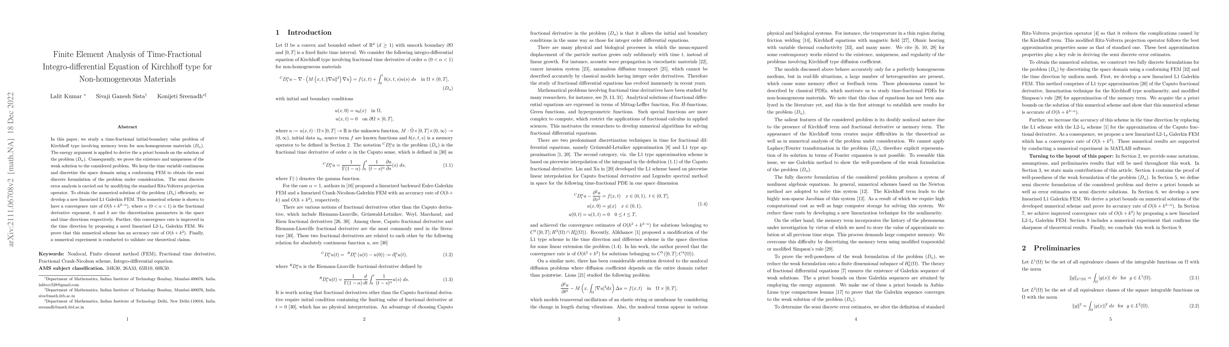 Thumbnail for Finite Element Analysis of Time Fractional Integro-differential
  Equations of Kirchhoff type for Non-homogeneous Materials