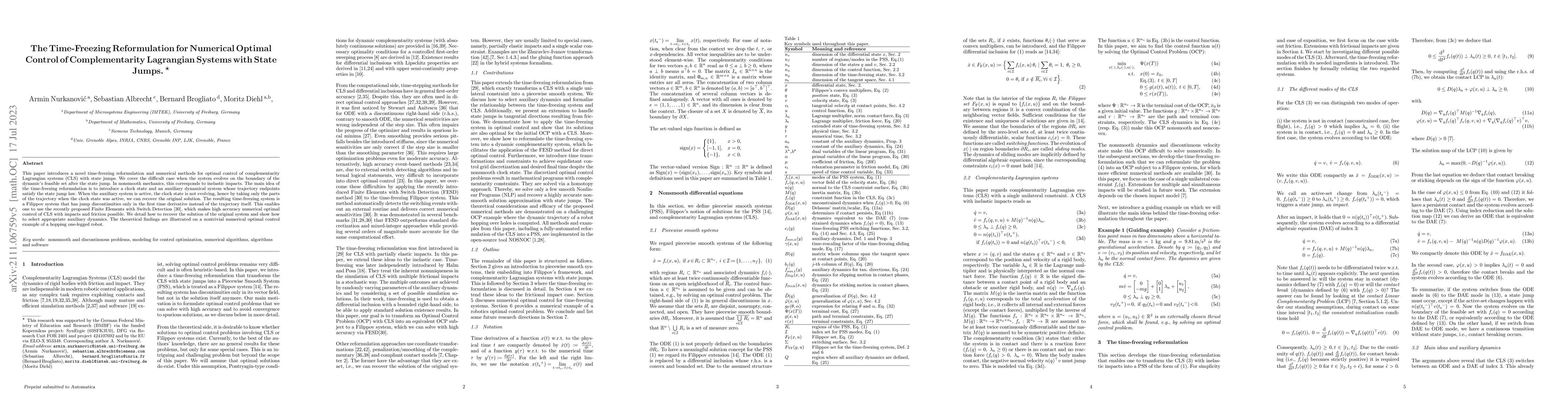 Thumbnail for The Time-Freezing Reformulation for Numerical Optimal Control of
  Complementarity Lagrangian Systems with State Jumps