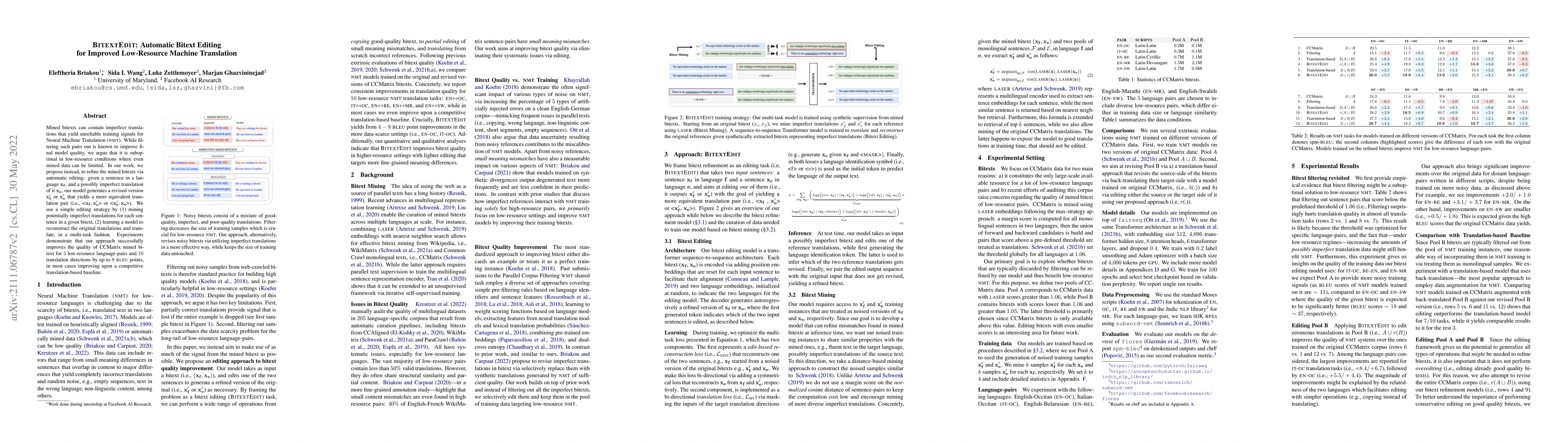 Thumbnail for BitextEdit: Automatic Bitext Editing for Improved Low-Resource Machine
  Translation
