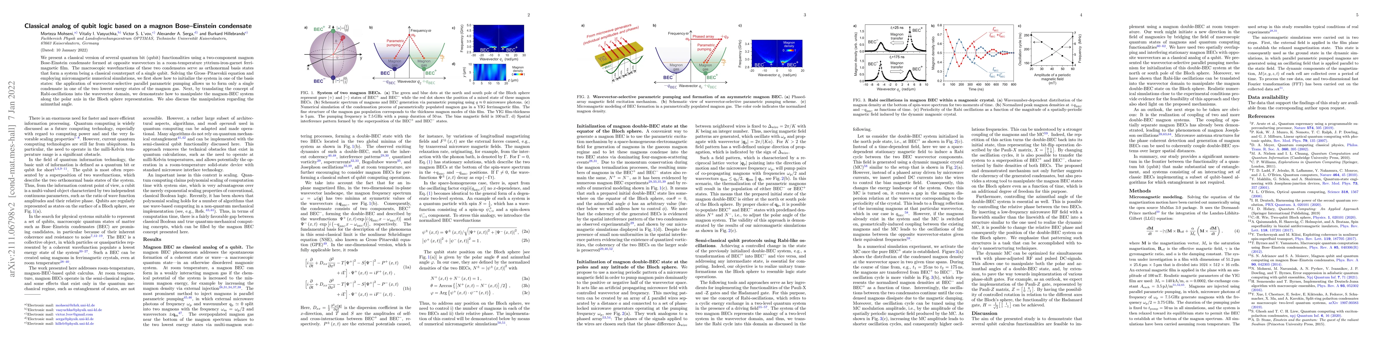 Thumbnail for Classical analog of qubit logic based on a magnon Bose-Einstein
  condensate