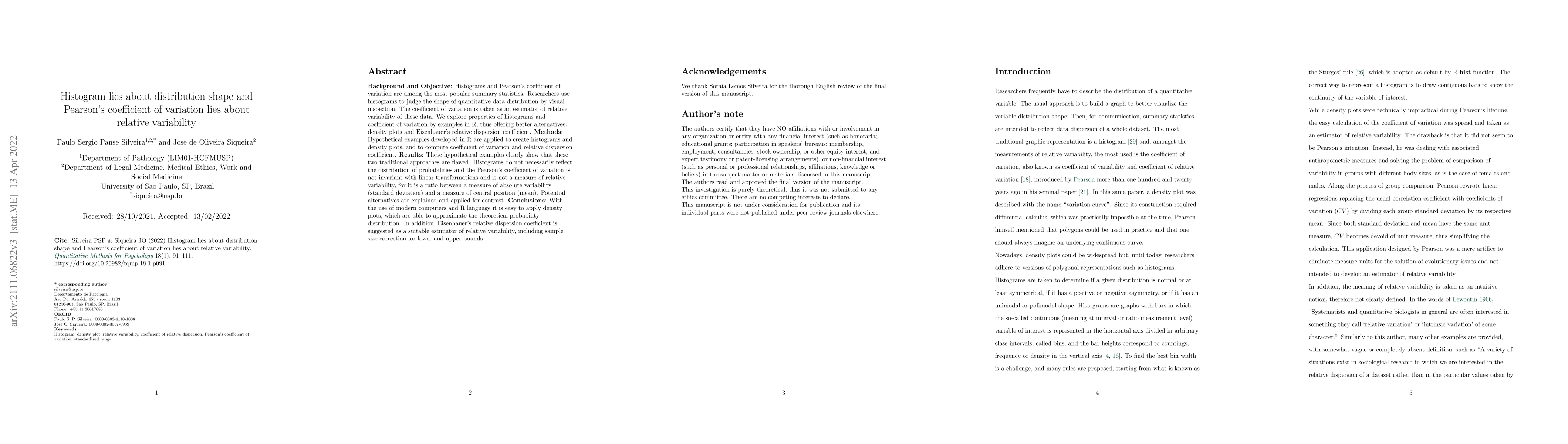 Thumbnail for Histogram lies about distribution shape and Pearson's coefficient of
  variation lies about variability