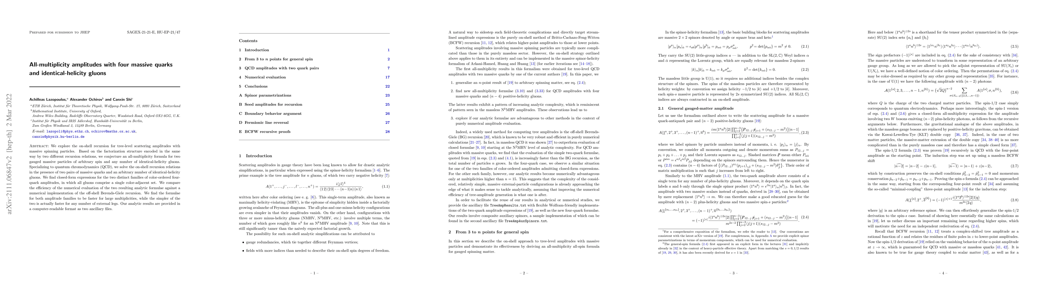 Thumbnail for All-multiplicity amplitudes with four massive quarks and
  identical-helicity gluons