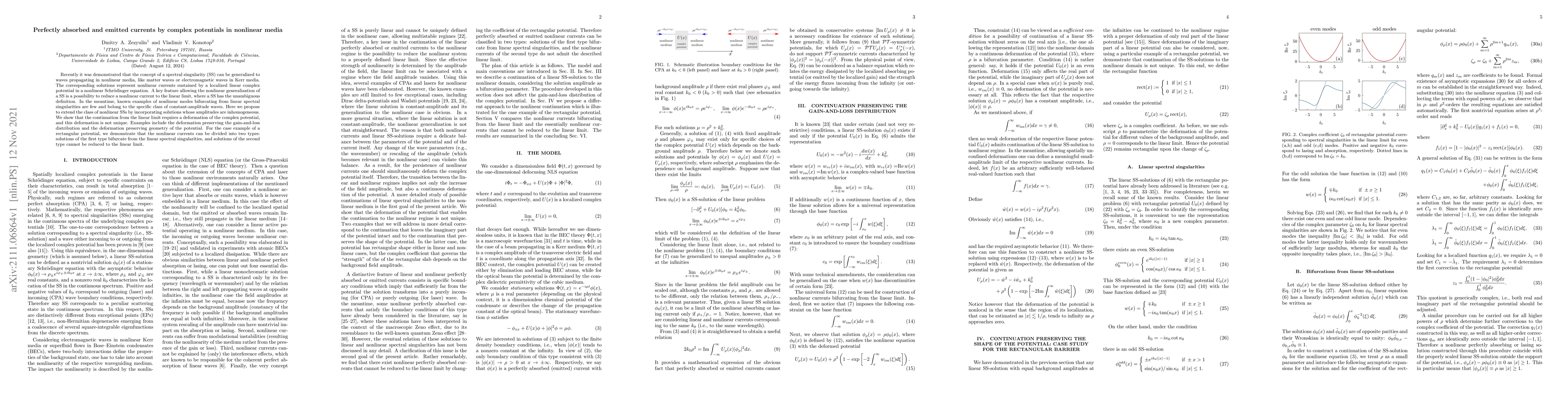 Thumbnail for Perfectly absorbed and emitted currents by complex potentials in
  nonlinear media