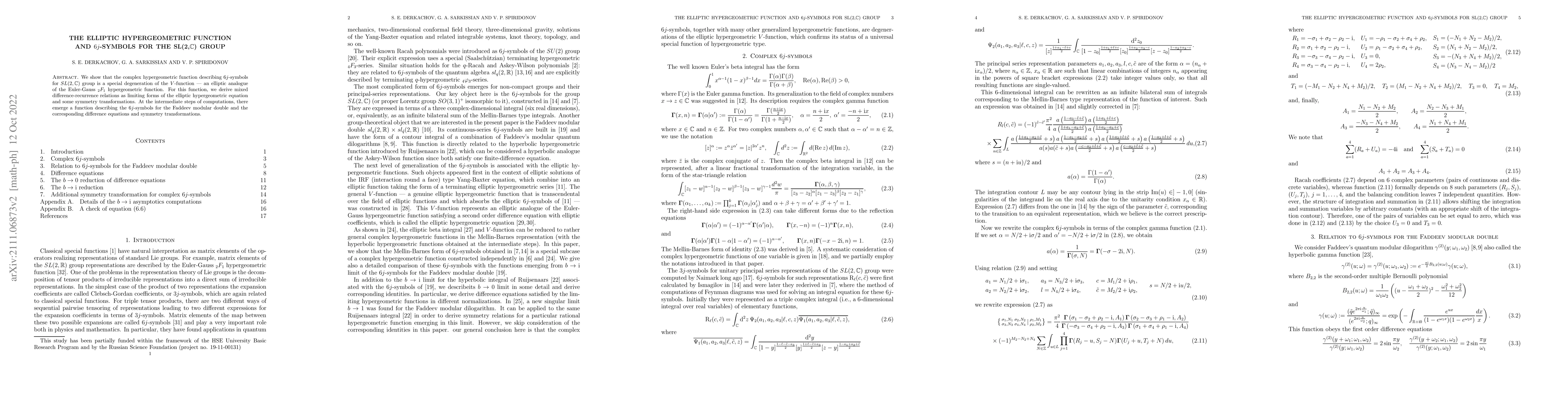 Thumbnail for Elliptic hypergeometric function and $6j$-symbols for the
  SL(2,$\mathbb{C}$) group