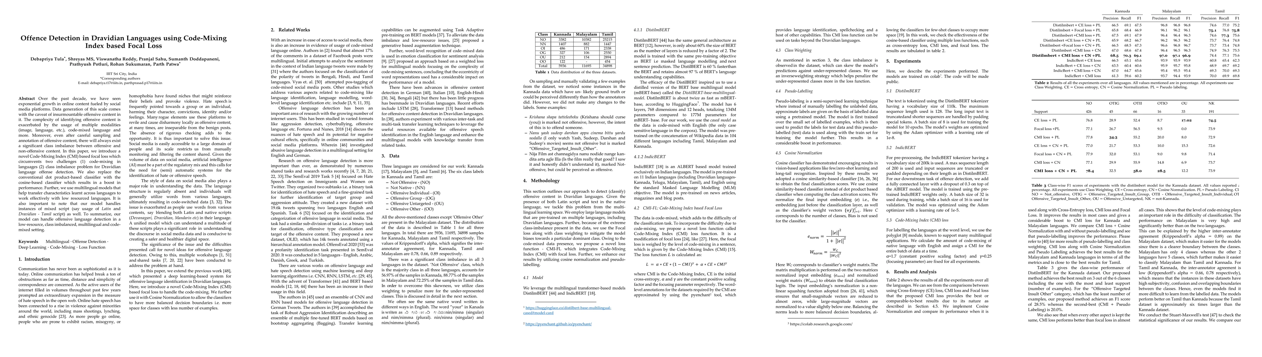 Thumbnail for Offense Detection in Dravidian Languages using Code-Mixing Index based
  Focal Loss