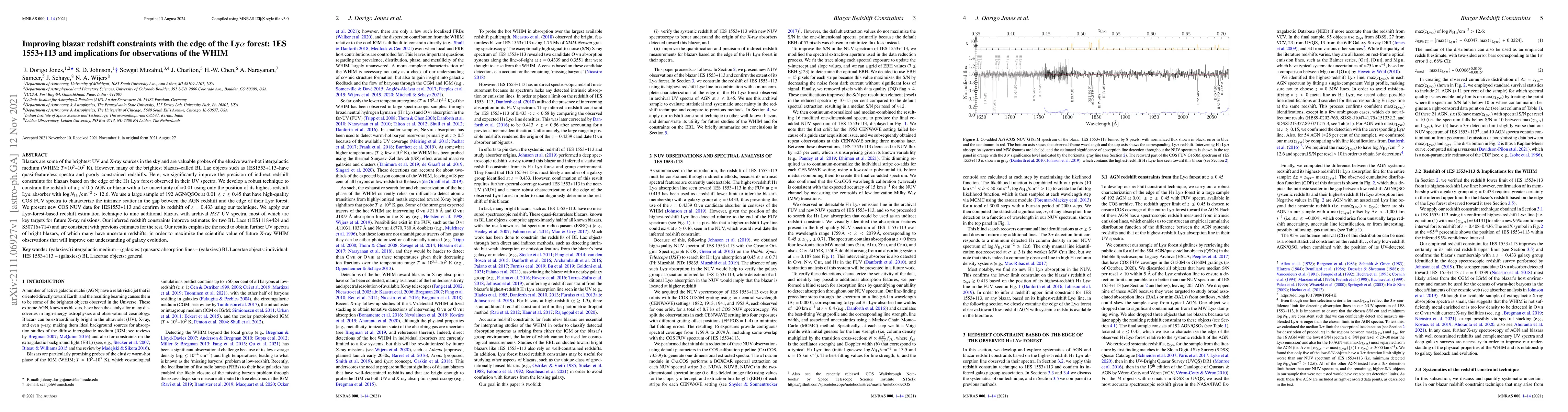 Thumbnail for Improving blazar redshift constraints with the edge of the Ly$\alpha$
  forest: 1ES 1553+113 and implications for observations of the WHIM