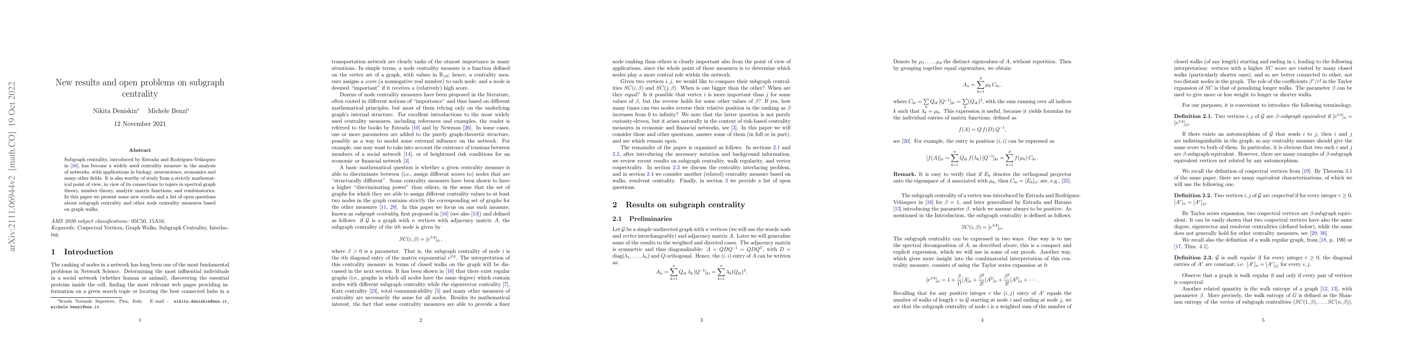 Thumbnail for New results and open problems on subgraph centrality