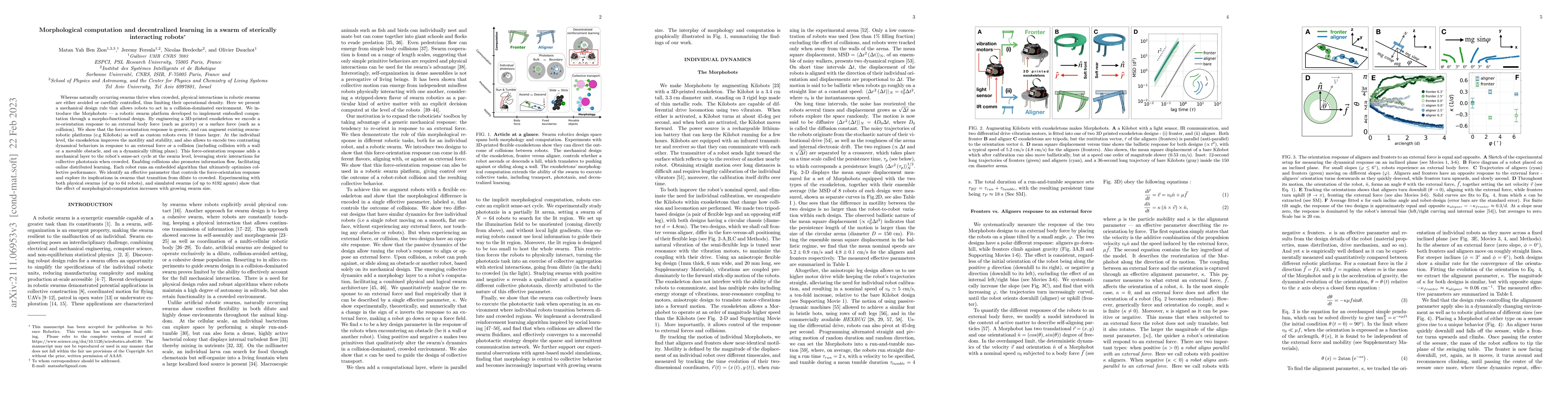 Thumbnail for Morphological computation and decentralized learning in a swarm of
  sterically interacting robots