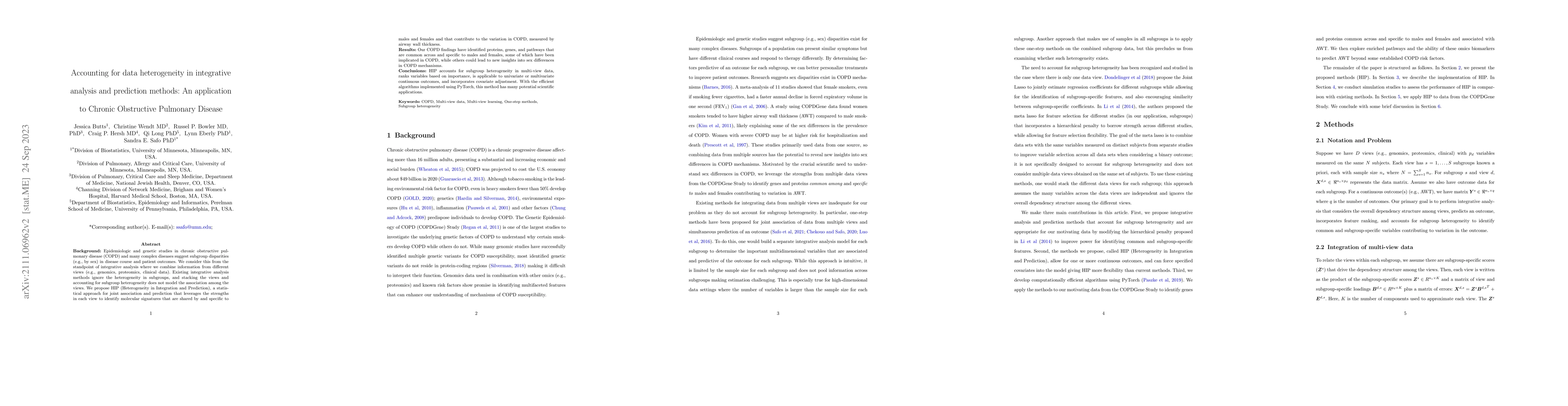 Thumbnail for Accounting for data heterogeneity in integrative analysis and prediction
  methods: An application to Chronic Obstructive Pulmonary Disease