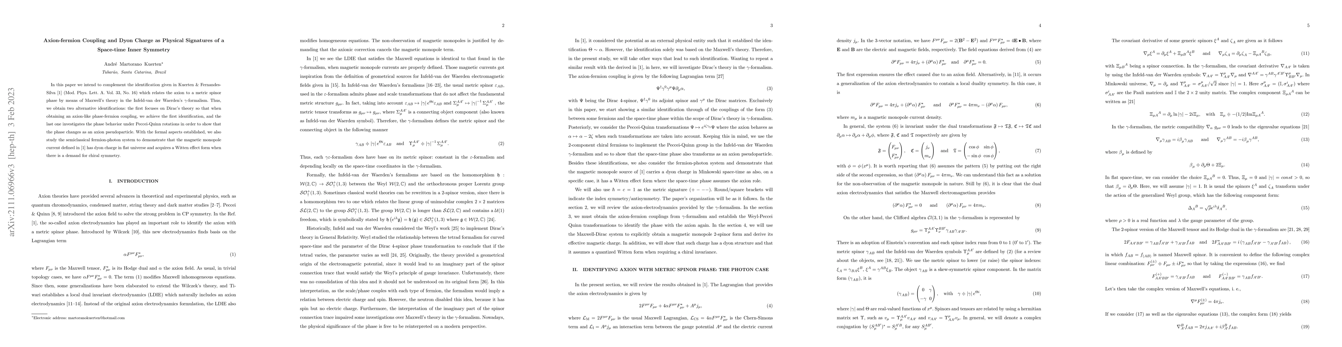 Thumbnail for Axion-fermion Coupling and Dyon Charge as Physical Signatures of a
  Space-time Inner Symmetry