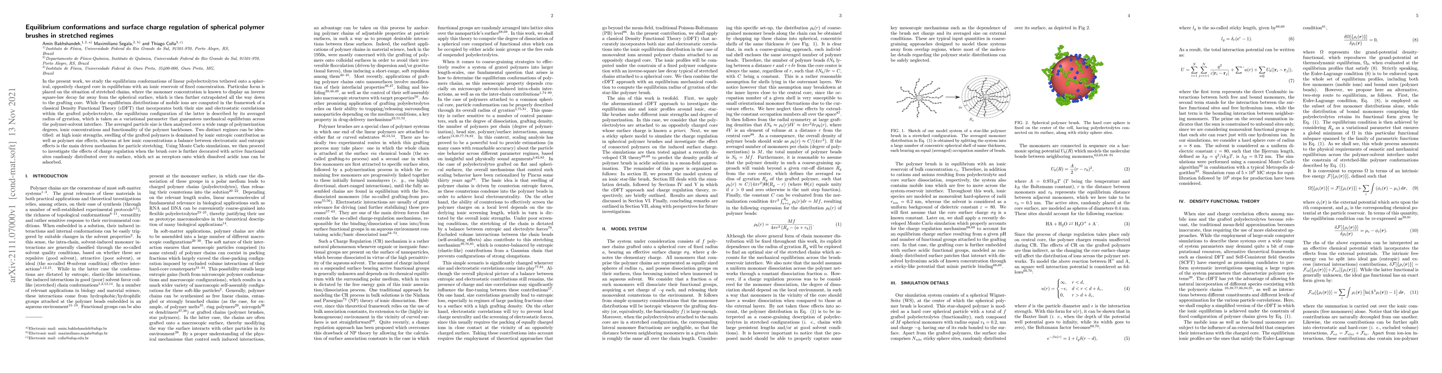 Thumbnail for Equilibrium conformations and surface charge regulation of spherical
  polymer brushes in stretched regimes