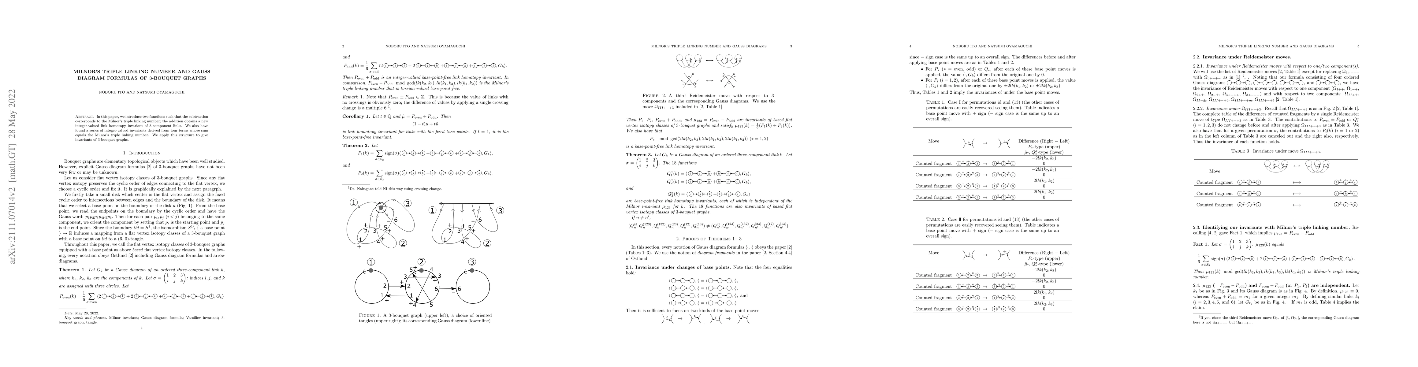 Thumbnail for Milnor's triple linking number and Gauss diagram formulas of 3-bouquet
  graphs