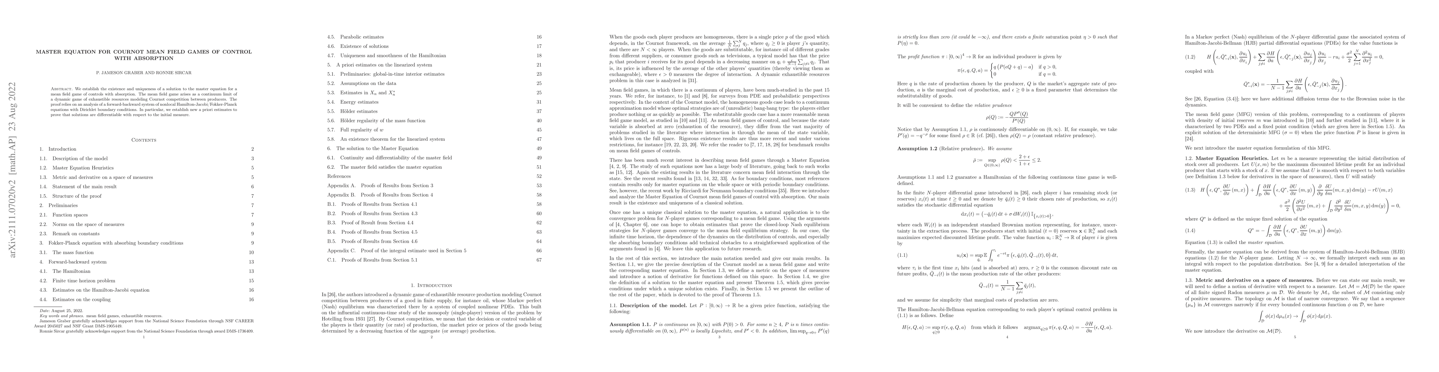 Thumbnail for Master Equation for Cournot Mean Field Games of Control with Absorption