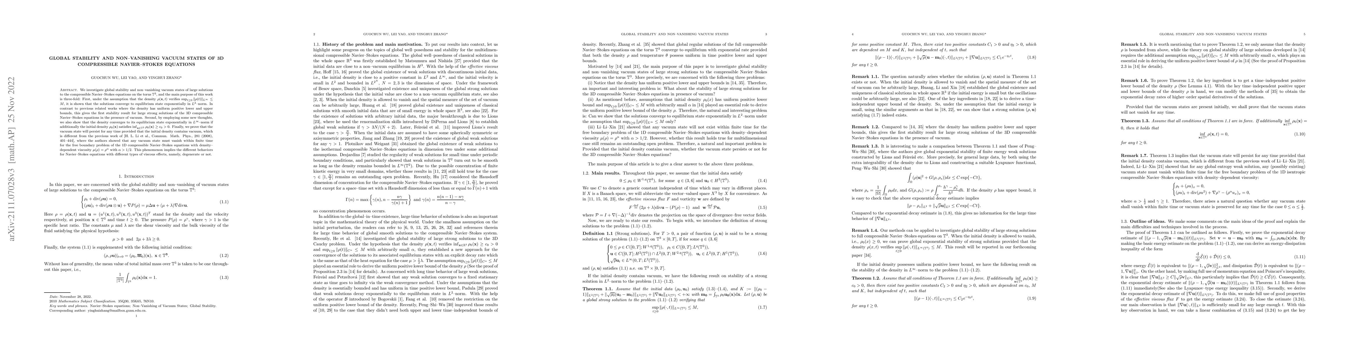 Thumbnail for Global Stability and Non-Vanishing Vacuum States of 3D Compressible
  Navier-Stokes Equations
