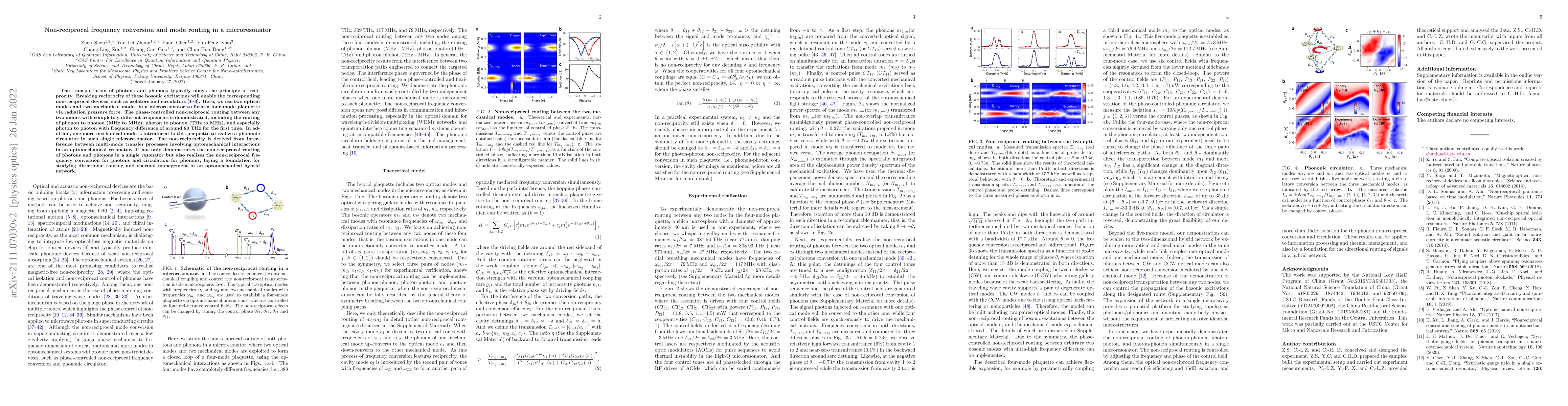 Thumbnail for Non-reciprocal frequency conversion and mode routing in a microresonator
