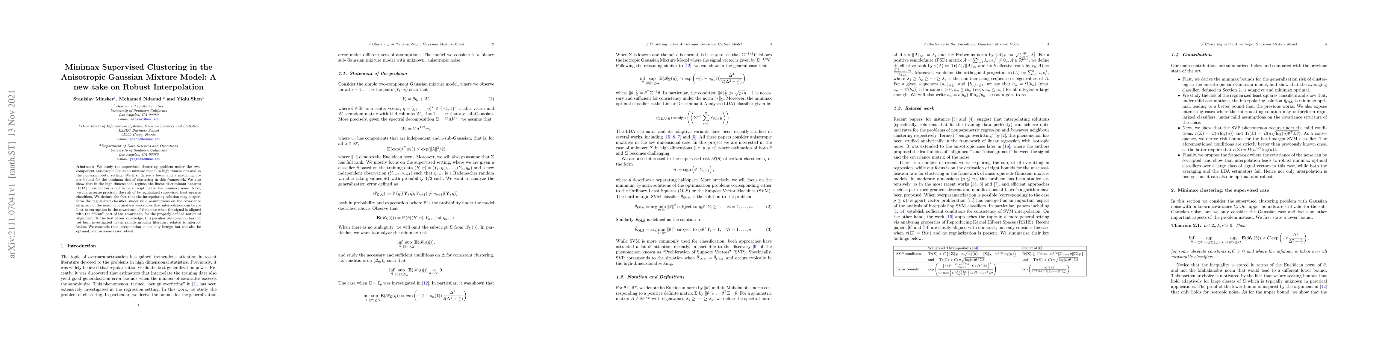 Thumbnail for Minimax Supervised Clustering in the Anisotropic Gaussian Mixture Model:
  A new take on Robust Interpolation