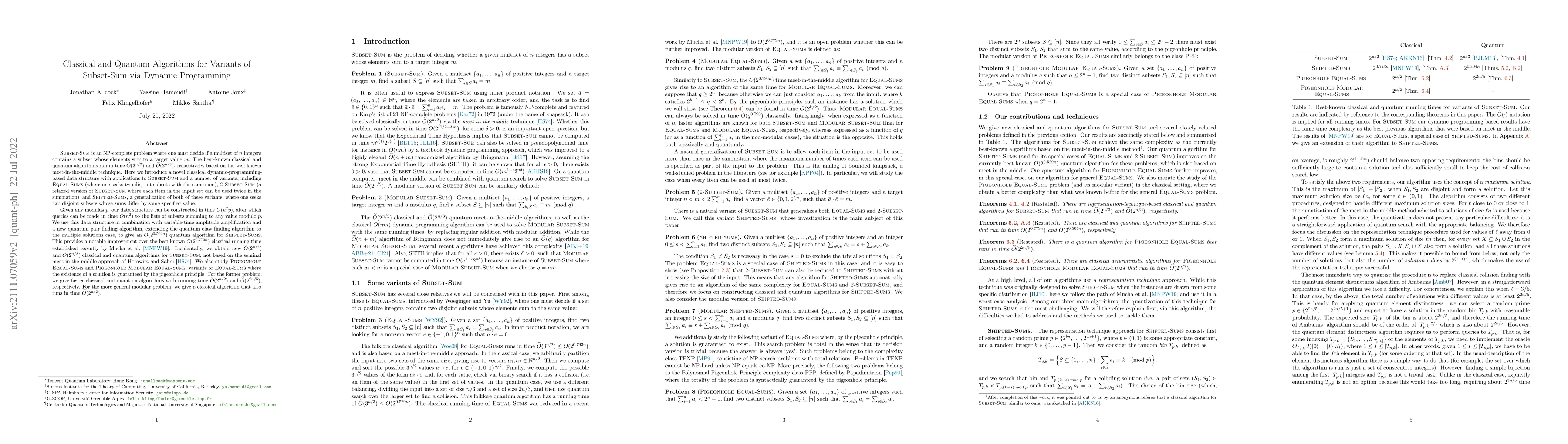 Thumbnail for Classical and Quantum Algorithms for Variants of Subset-Sum via Dynamic
  Programming