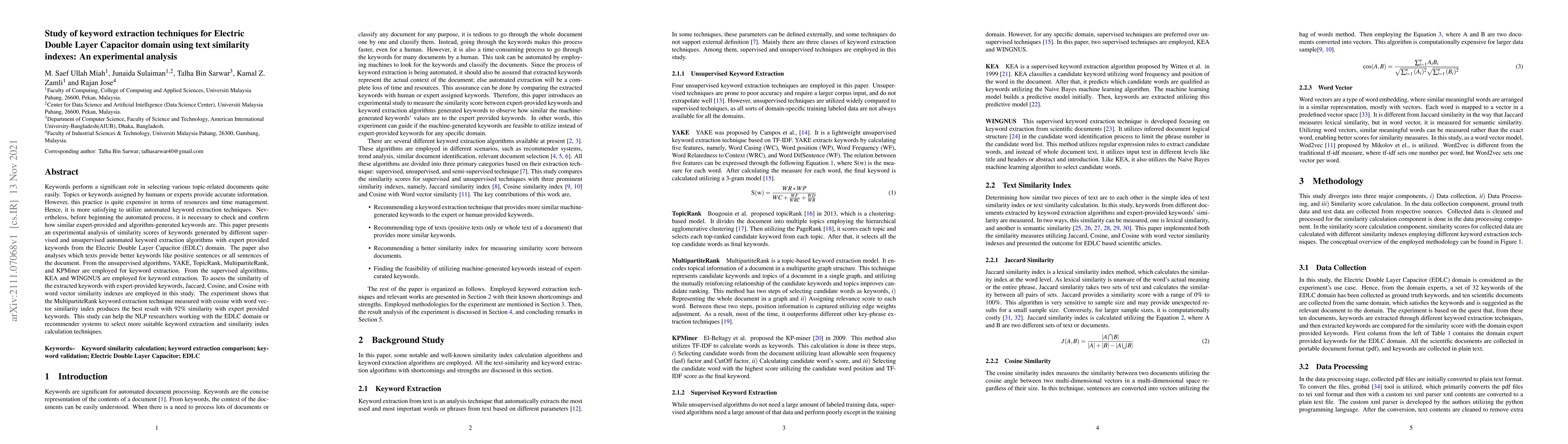 Thumbnail for Study of keyword extraction techniques for Electric Double Layer
  Capacitor domain using text similarity indexes: An experimental analysis