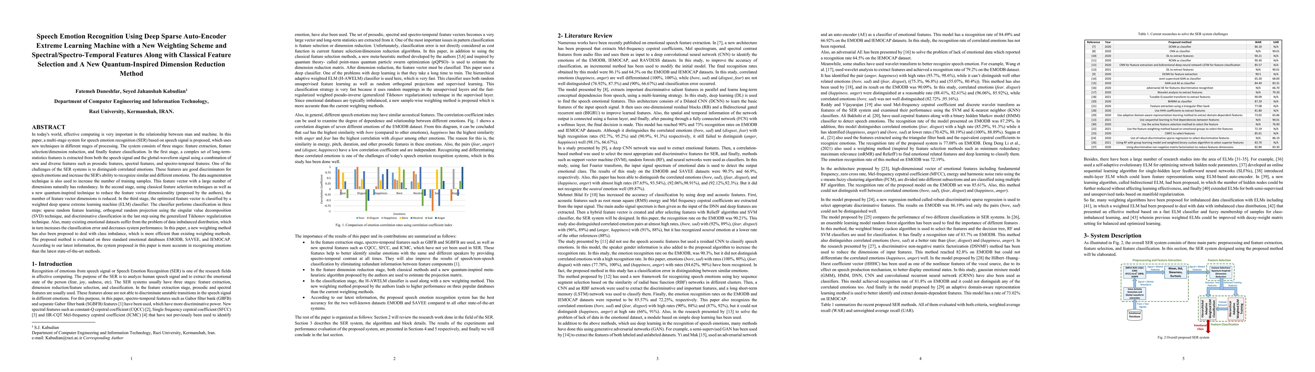 Thumbnail for Speech Emotion Recognition Using Deep Sparse Auto-Encoder Extreme
  Learning Machine with a New Weighting Scheme and Spectro-Temporal Features
  Along with Classical Feature Selection and A New Quantum-Inspired Dimension
  Reduction Method