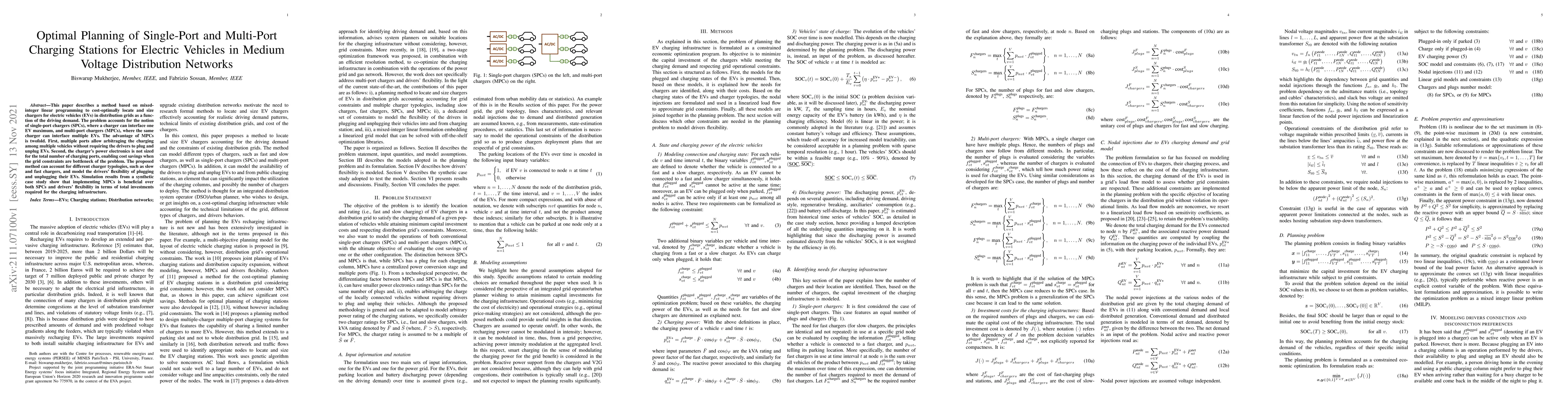 Thumbnail for Optimal Planning of Single-Port and Multi-Port Charging Stations for
  Electric Vehicles in Medium Voltage Distribution Networks