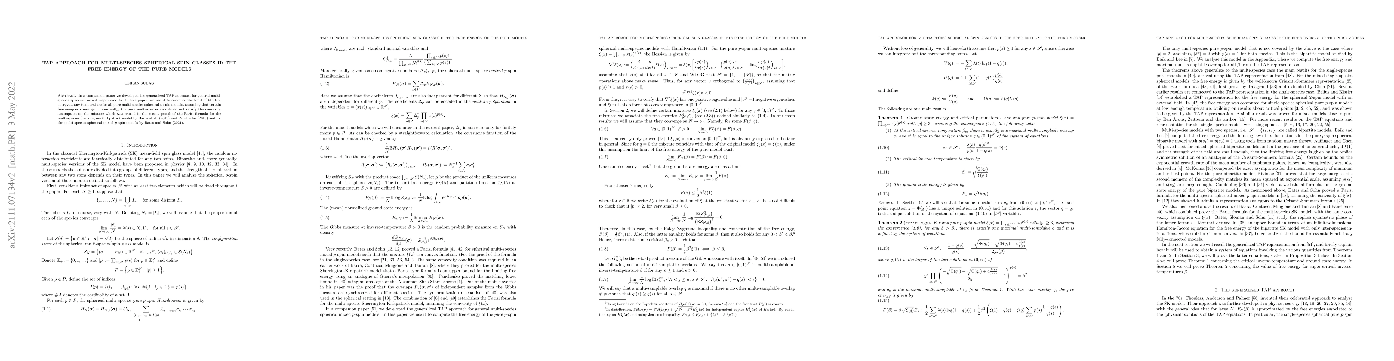 Thumbnail for TAP approach for multi-species spherical spin glasses II: the free
  energy of the pure models
