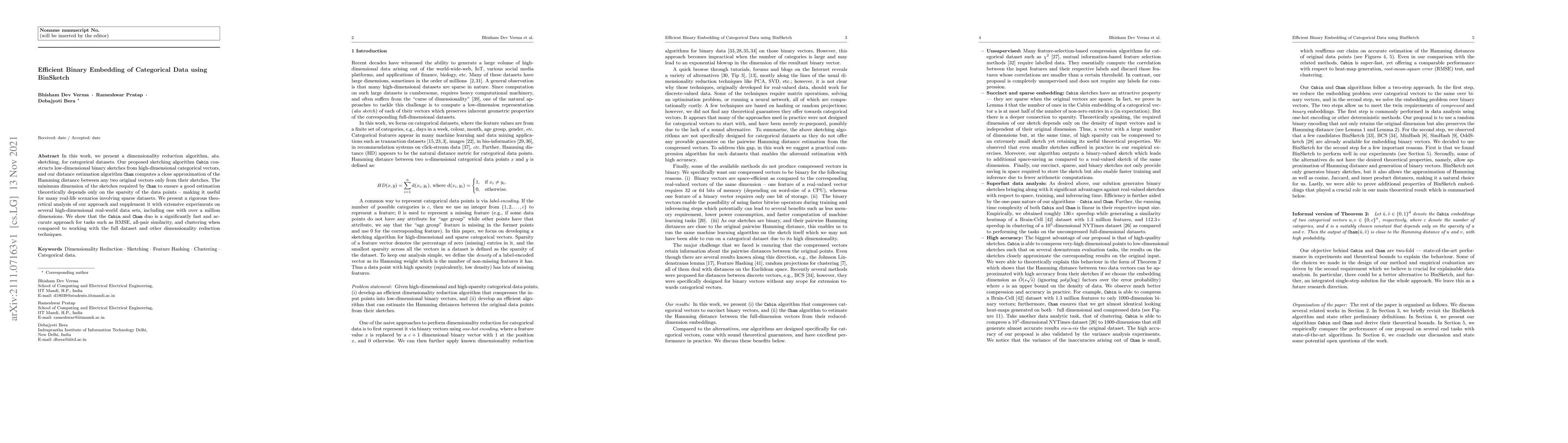 Thumbnail for Efficient Binary Embedding of Categorical Data using BinSketch