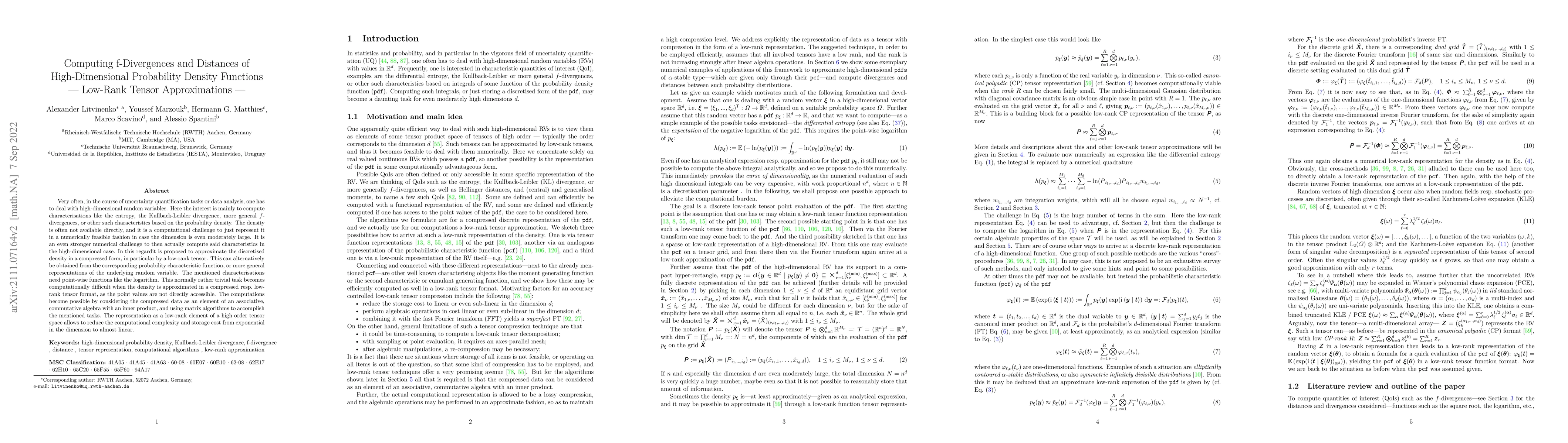 Thumbnail for Computing f-Divergences and Distances of High-Dimensional Probability
  Density Functions -- Low-Rank Tensor Approximations
