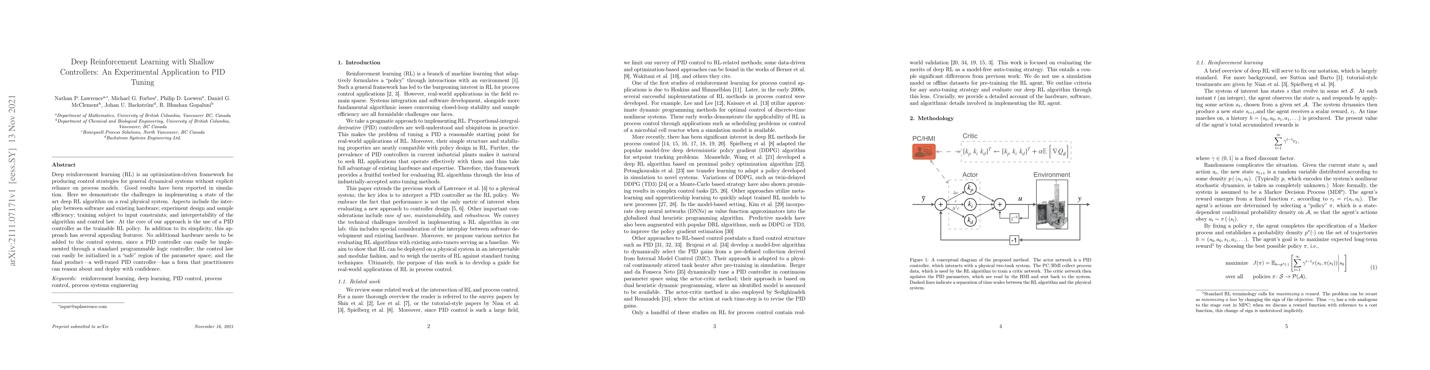 Thumbnail for Deep Reinforcement Learning with Shallow Controllers: An Experimental
  Application to PID Tuning