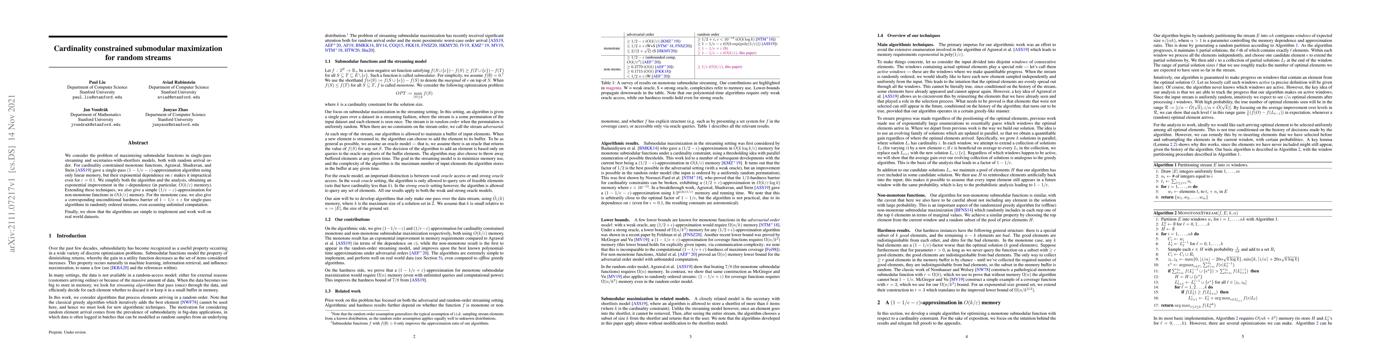 Thumbnail for Cardinality constrained submodular maximization for random streams