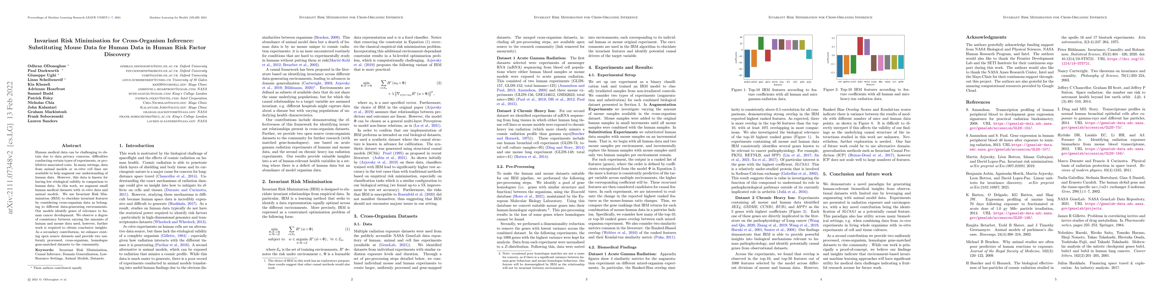 Thumbnail for Invariant Risk Minimisation for Cross-Organism Inference: Substituting
  Mouse Data for Human Data in Human Risk Factor Discovery