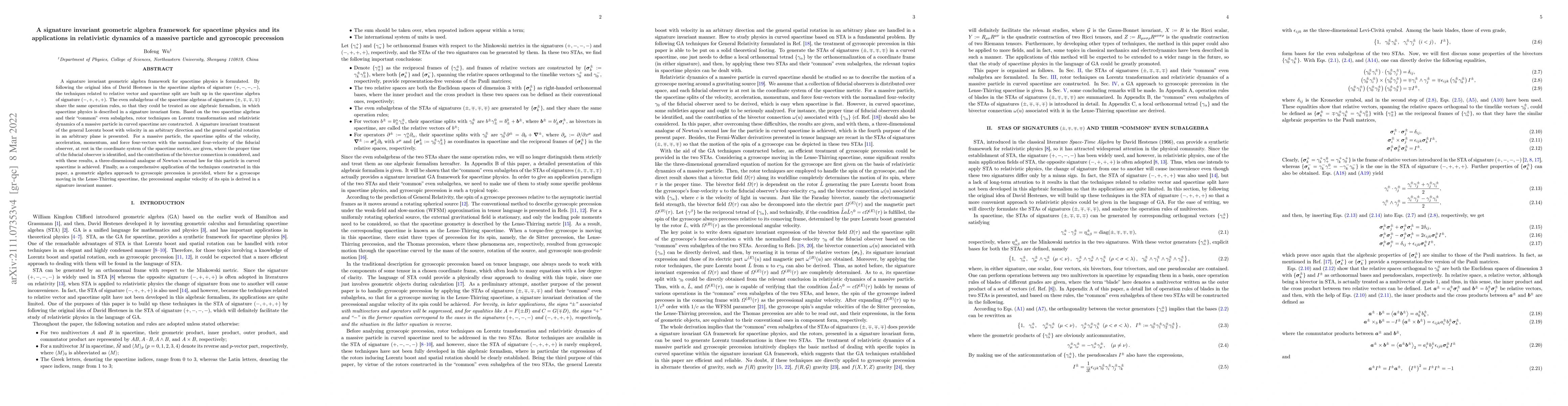 Thumbnail for A signature invariant geometric algebra framework for spacetime physics
  and its applications in relativistic dynamics of a massive particle and
  gyroscopic precession