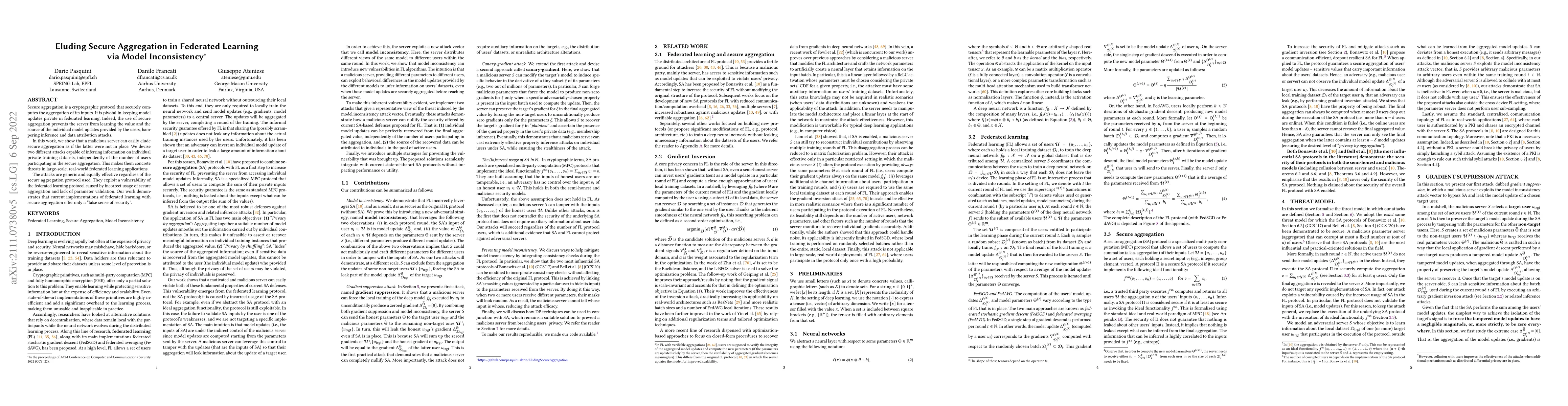 Thumbnail for Eluding Secure Aggregation in Federated Learning via Model Inconsistency