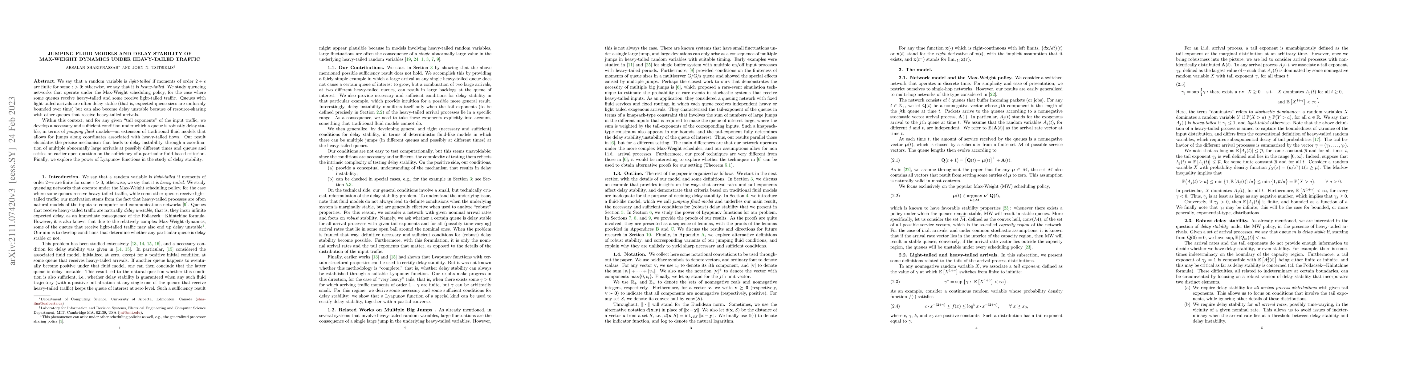 Thumbnail for Jumping Fluid Models and Delay Stability of Max-Weight Dynamics under
  Heavy-Tailed Traffic