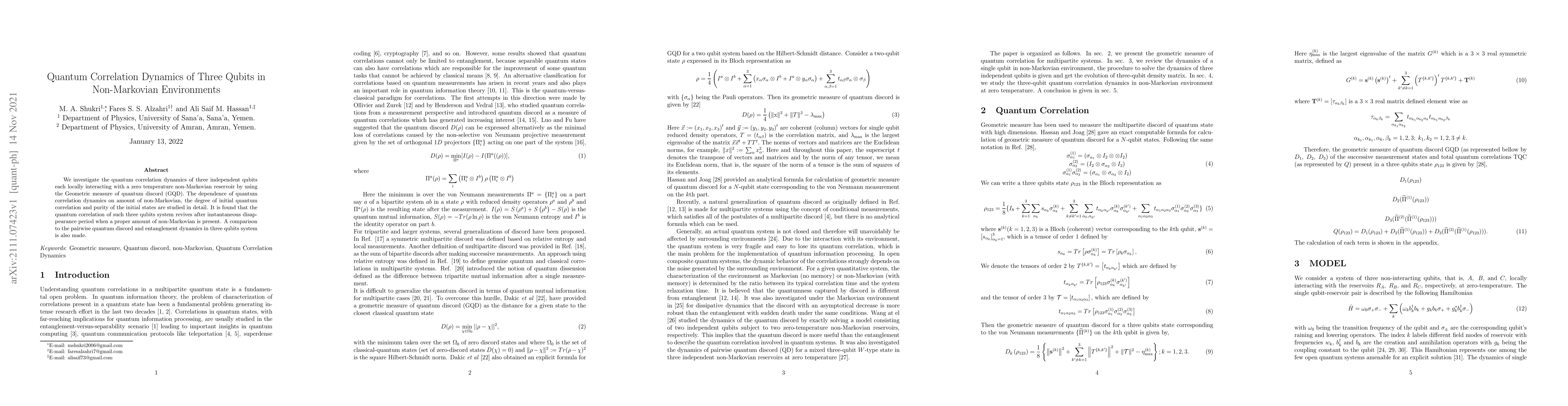 Thumbnail for Quantum Correlation Dynamics of Three Qubits in Non-Markovian
  Environments